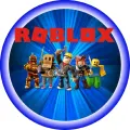 Postavičky ze hry Roblox s velkým logem na modrém pozadí, jedlý obrázek na dort