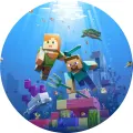 Minecraft hrdinové Steve a Alex pod vodou s delfínem a želvou, jedlý obrázek na dort