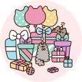 Kulatý jedlý obrázek na dort s kočičkou Pusheen, dárky a kočičími balónky