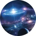 Kruhový jedlý obrázek na dort s motivem noční vesmírné galaxie, hvězd a planety
