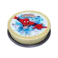 Spider-Man skákající v pavučině na modrém pozadí, jedlý obrázek na dort