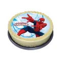 Spider-Man v akční póze na světle modrém pozadí, jedlý obrázek na dort