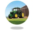 Moderní zelený traktor se žlutými koly u stodoly, jedlý obrázek na dort