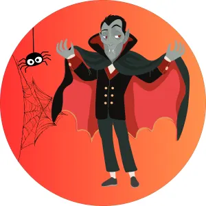 Halloween – Usměvavý upír s pláštěm – jedlý papír na dort