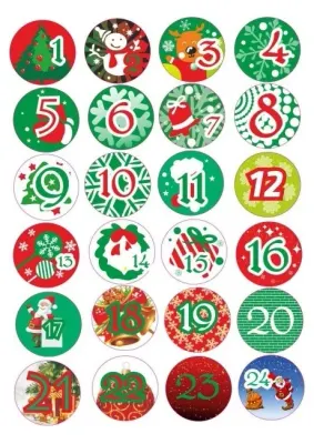 Adventní kalendář – Santa a dárky, červený – jedlá kolečka na cupcakes