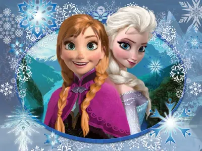 Frozen – Medailonek sester a zasněžené hory – obdélníkový jedlý papír na dort
