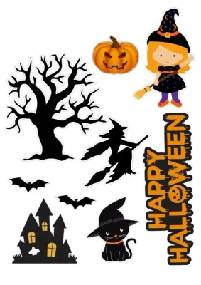 Halloween – čarodějka s koštětem a hrad – obdélníkový jedlý papír na dort