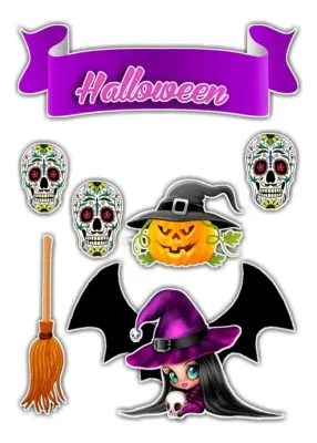 Halloween – čarodějka a mexické lebky – obdélníkový jedlý papír na dort