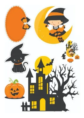 Halloween – čarodějka na měsíci a kočička – obdélníkový jedlý papír na dort
