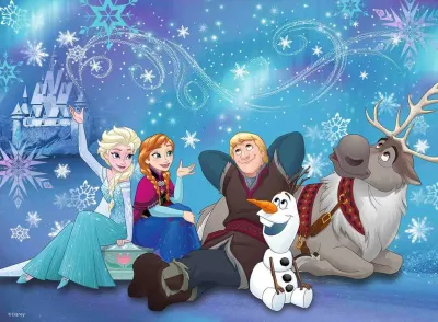 Frozen – Celá parta s třpytivým palácem – obdélníkový jedlý papír na dort