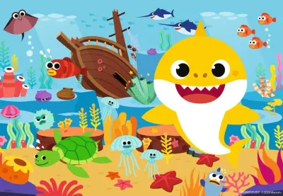 Baby Shark – žlutý žralůček a vrak lodi – obdélníkový jedlý papír na dort
