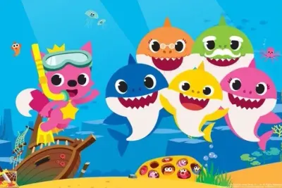Baby Shark – rodinka s lišákem a vrakem lodi – obdélníkový jedlý papír na dort