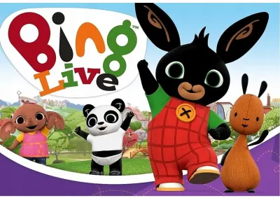 Bing – s přáteli a nápisem Bing Live – obdélníkový jedlý papír na dort