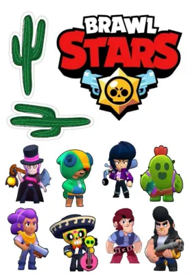 Brawl Stars – osm hrdinů a kaktusy – obdélníkový jedlý papír na dort