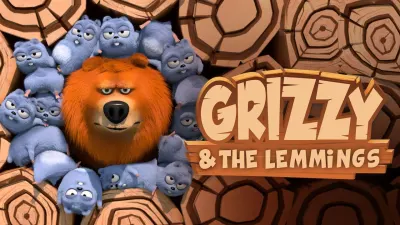 Grizzy a lumíci – u naskládaného dřeva – obdélníkový jedlý papír na dort