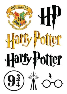 Harry Potter – erb Bradavic, hůlky a loga – obdélníkový jedlý papír na dort