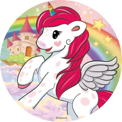 Jednorožec – Unicorn: Okřídlený poník u zámku – jedlý papír na dort