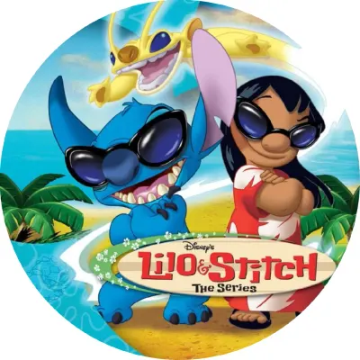 Lilo a Stitch – na pláži s brýlemi a Sparkym – jedlý papír na dort