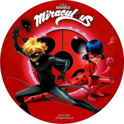 Miraculous – Hrdinové s bílým nápisem – jedlý papír na dort