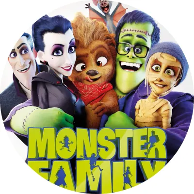 Monster Family – rodina s netopýrem a nápis – jedlý papír na dort