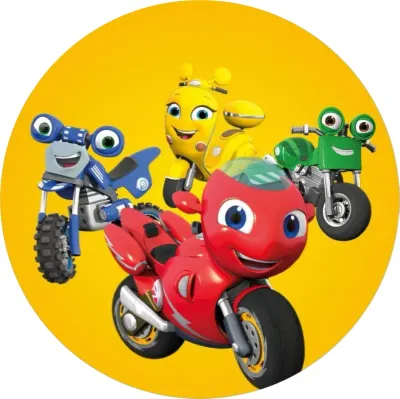 Motorky – animovaná parta na žlutém pozadí – jedlý papír na dort