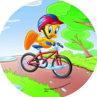 Kuřátko Tweety – na kole s helmou – jedlý papír na dort