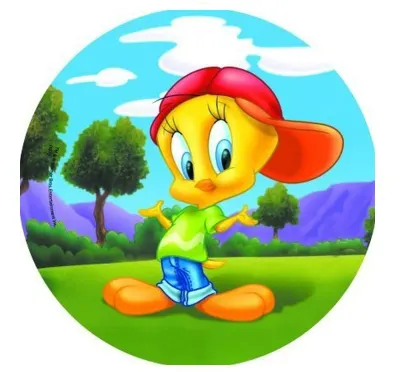 Kuřátko Tweety – v kšiltovce a džínách – jedlý papír na dort