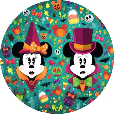 Mickey a Minnie – Halloween na tyrkysovém pozadí – jedlý papír na dort