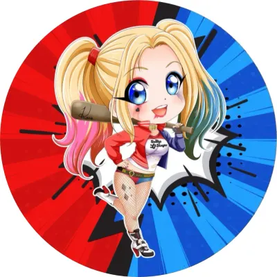 Harley Quinn – chibi styl a komiksové pozadí – jedlý papír na dort