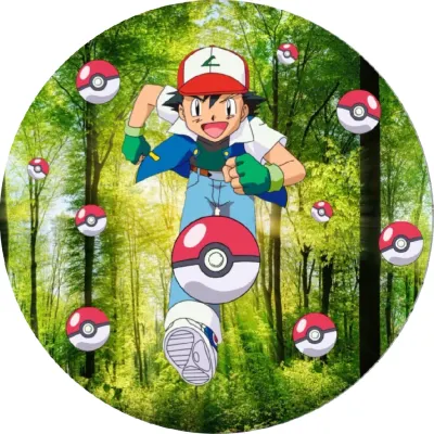 Pokémon – Běžící Ash s Pokébally v lese – jedlý papír na dort