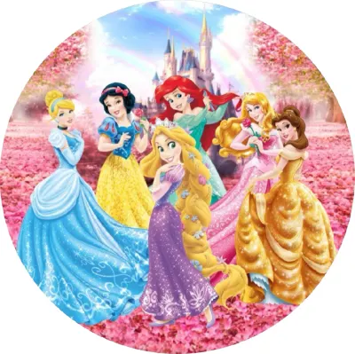 Princezny – v květinovém poli u zámku s duhou – jedlý papír na dort