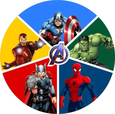 Avengers – 5 hrdinů v barevných výsečích s logem – jedlý papír na dort