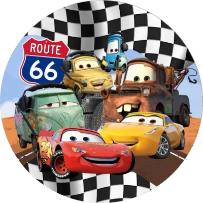 Cars – McQueen, Cruz a parta na Route 66 – jedlý papír na dort