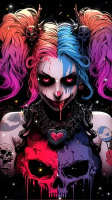 Harley Quinn – rudé oči a motivy lebek – obdélníkový jedlý papír na dort