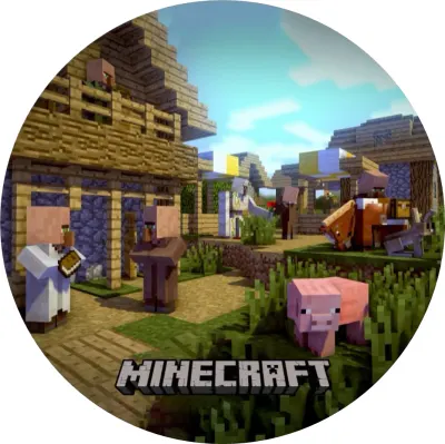 Minecraft – poklidná vesnice s golemem – jedlý papír na dort