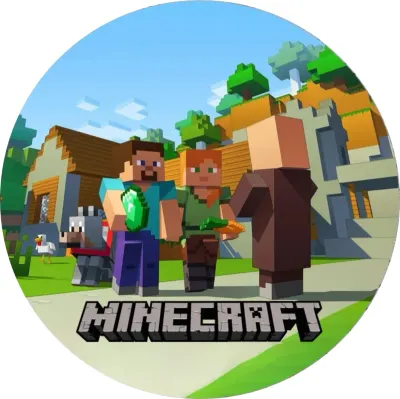 Minecraft – Steve se smaragdem a Alex u domku – jedlý papír na dort
