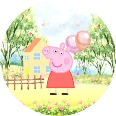 Prasátko Peppa – s balonky u rodinného domku – jedlý papír na dort