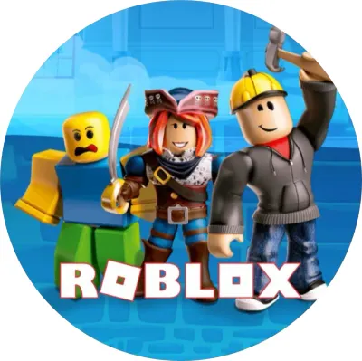 Roblox – trojice hrdinů na modrém pozadí – jedlý papír na dort