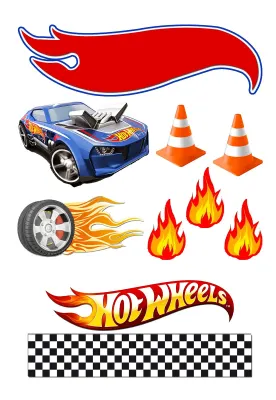Hot Wheels – modré auto, plameny a kužely – obdélníkový jedlý papír na dort