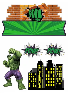 Hulk – se siluetou města, pěstí a nápisy POW! – obdélníkový jedlý papír na dort
