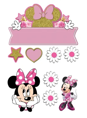 Minnie – růžové šaty, stuha a zlaté ucho – obdélníkový jedlý papír na dort