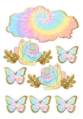 Motýlci – pastelový tie-dye mrak a růže – obdélníkový jedlý papír na dort