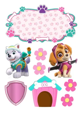 Paw Patrol – Skye a Everest s boudou a květy – obdélníkový jedlý papír na dort