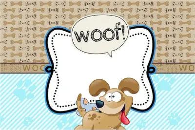 Pejsek – s nápisem woof a modrými pruhy – obdélníkový jedlý papír na dort