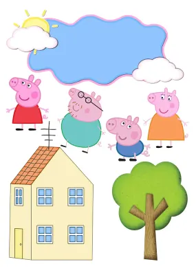 Prasátko Peppa – rodinka u domečku se sluncem – obdélníkový jedlý papír na dort