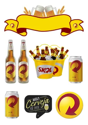 Pivo – sada lahví, plechovek a žlutá stuha – obdélníkový jedlý papír na dort