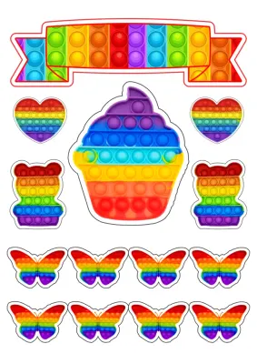 Pop It – duhový cupcake, medvídci a motýlci – obdélníkový jedlý papír na dort