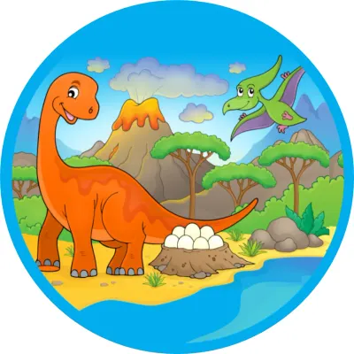 Dinosauři – oranžový ještěr a hnízdo s vejci – jedlý papír na dort