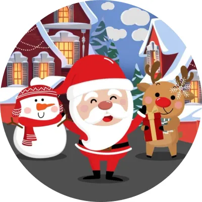 Vánoce – Santa, sněhulák a sob u domečků – jedlý papír na dort