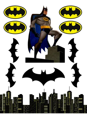 Batman – noha na schodu, silueta města a loga – obdélníkový jedlý papír na dort